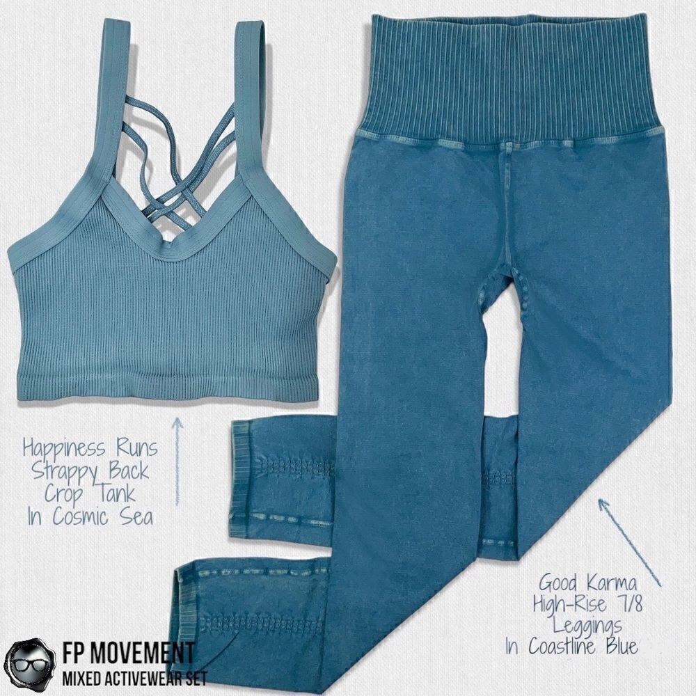 FP MOVEMENT HAPPINESS RUNS STRAPPY BACK CROP TANK + GOOD KARMA LEGGINGS BLUE HUE